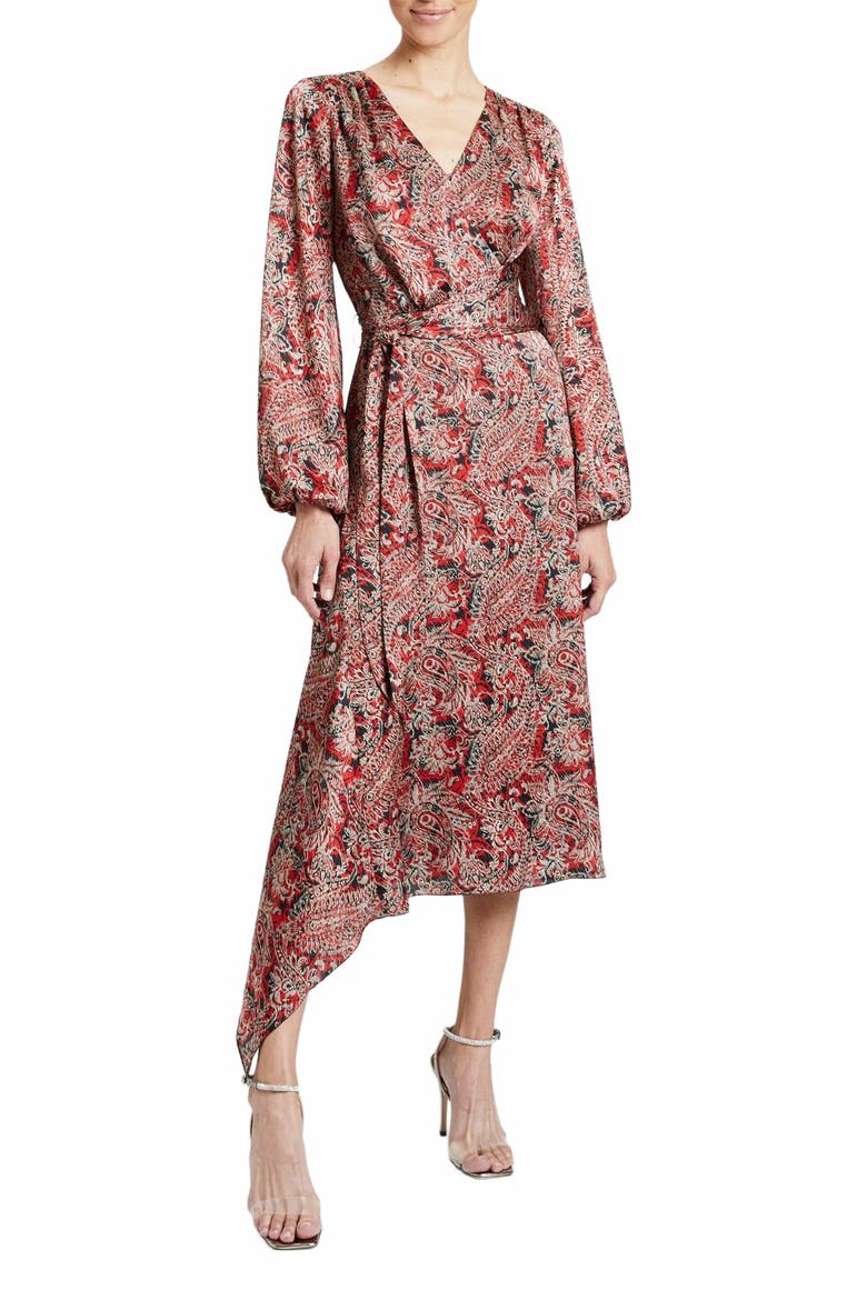 Vanna Faux Wrap Midi Print Dress, Main, color, CRIMSON RED