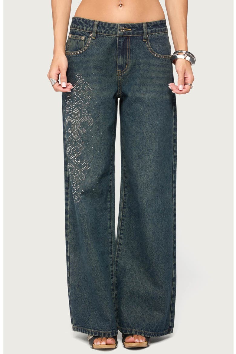 Rhinestone Graphic Low Rise Wide Leg Jeans, Main, color, TWILIGHT-BLUE
