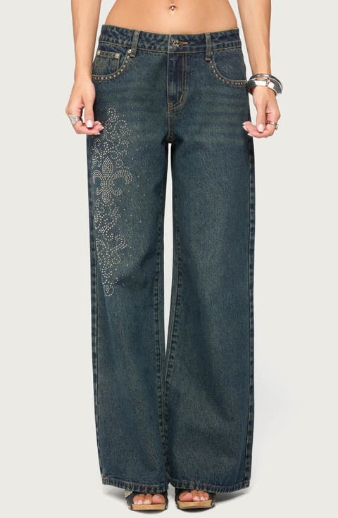 Rhinestone Graphic Low Rise Wide Leg Jeans