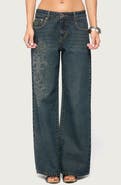 EDIKTED Rhinestone Graphic Low Rise Wide Leg Jeans