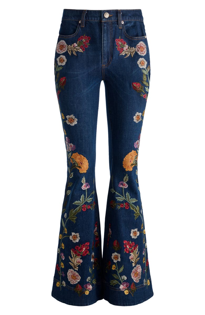 Alice + Olivia Beautiful Floral Embroidered Flare Jeans, Alternate, color, Catherine Dark Multi