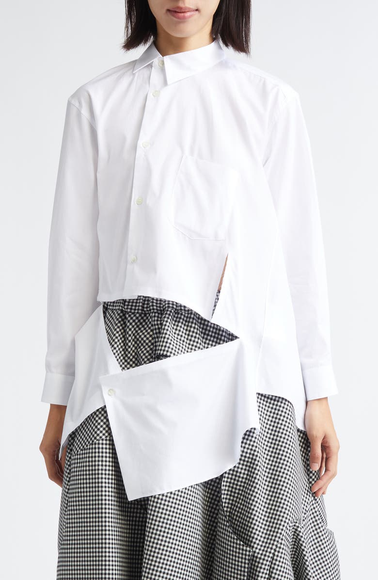 Comme des Garçons Asymmetric Cutout Cotton Broadcloth Button-Up Shirt, Main, color, White
