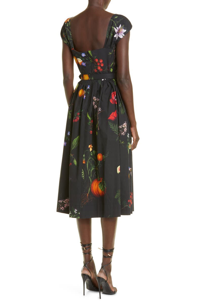 Oscar de la Renta Belted Garden Print Cap Sleeve Stretch Cotton Poplin Midi Dress, Alternate, color, 