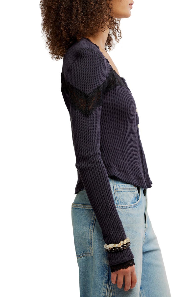 Free People Let's Party Lace Trim Cotton Waffle Cardigan, Alternate, color, Black