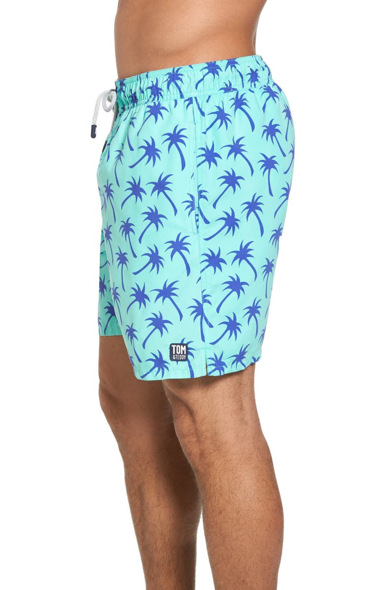 Tom & Teddy Palm Tree Print Swim Trunks, Alternate, color, 