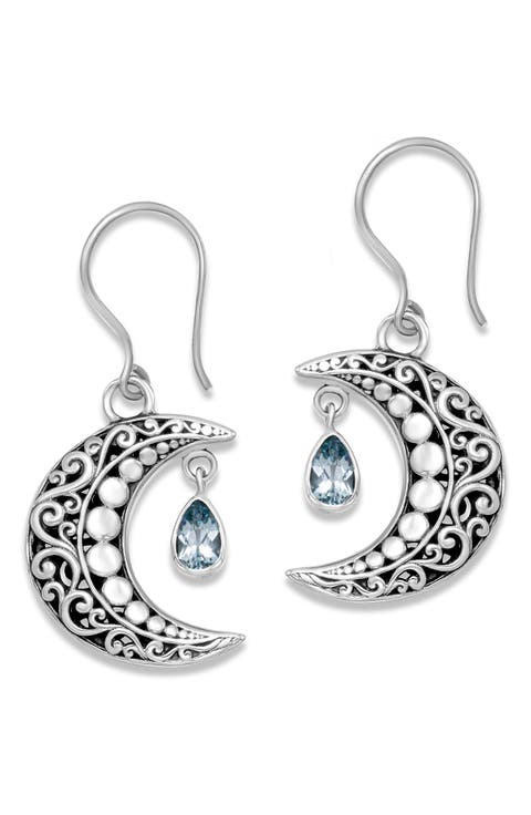 Blue Topaz Crescent Moon Drop Earrings