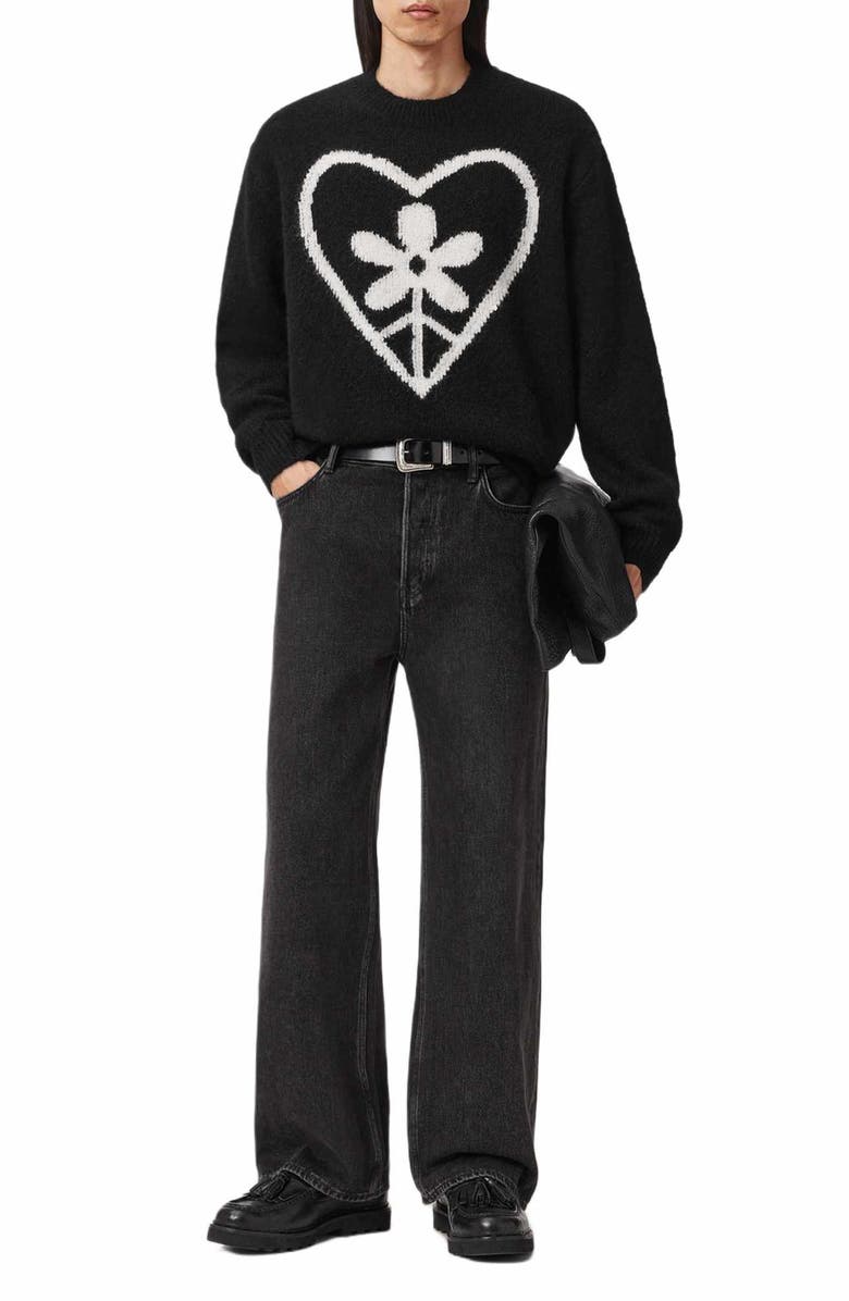AllSaints Finden Heart Merino Wool & Alpaca Blend Crewneck Sweater, Alternate, color, Black