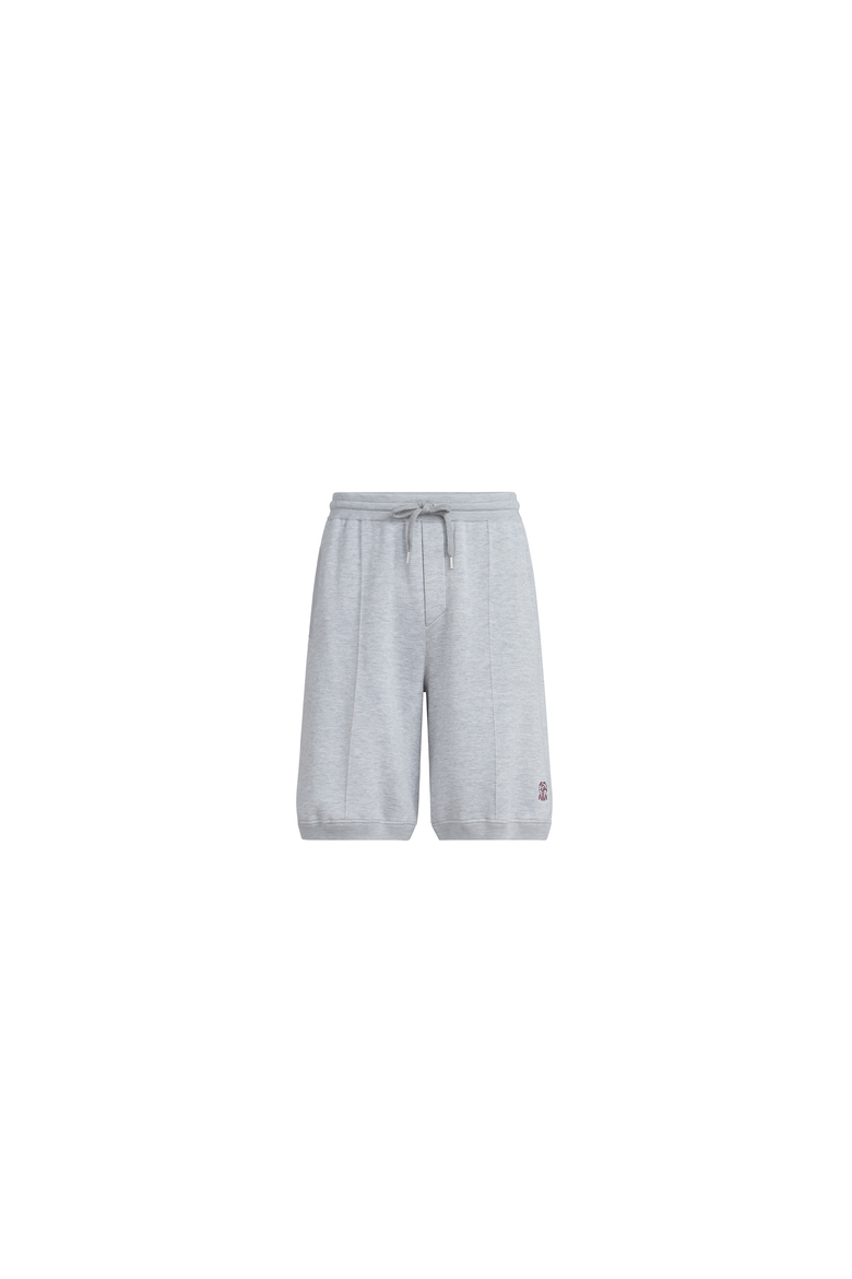 Cotton and silk French terry double knit Bermuda shorts with logo, Alternate, color, Pebble