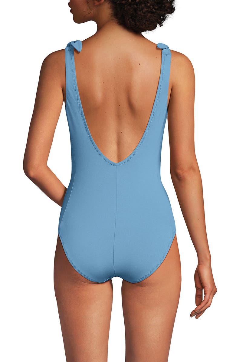 Lands' End Chorine Resistant Tie Shoulder V-neck High Leg One Piece Swimsuit, Alternate, color, Washed Blue Silver