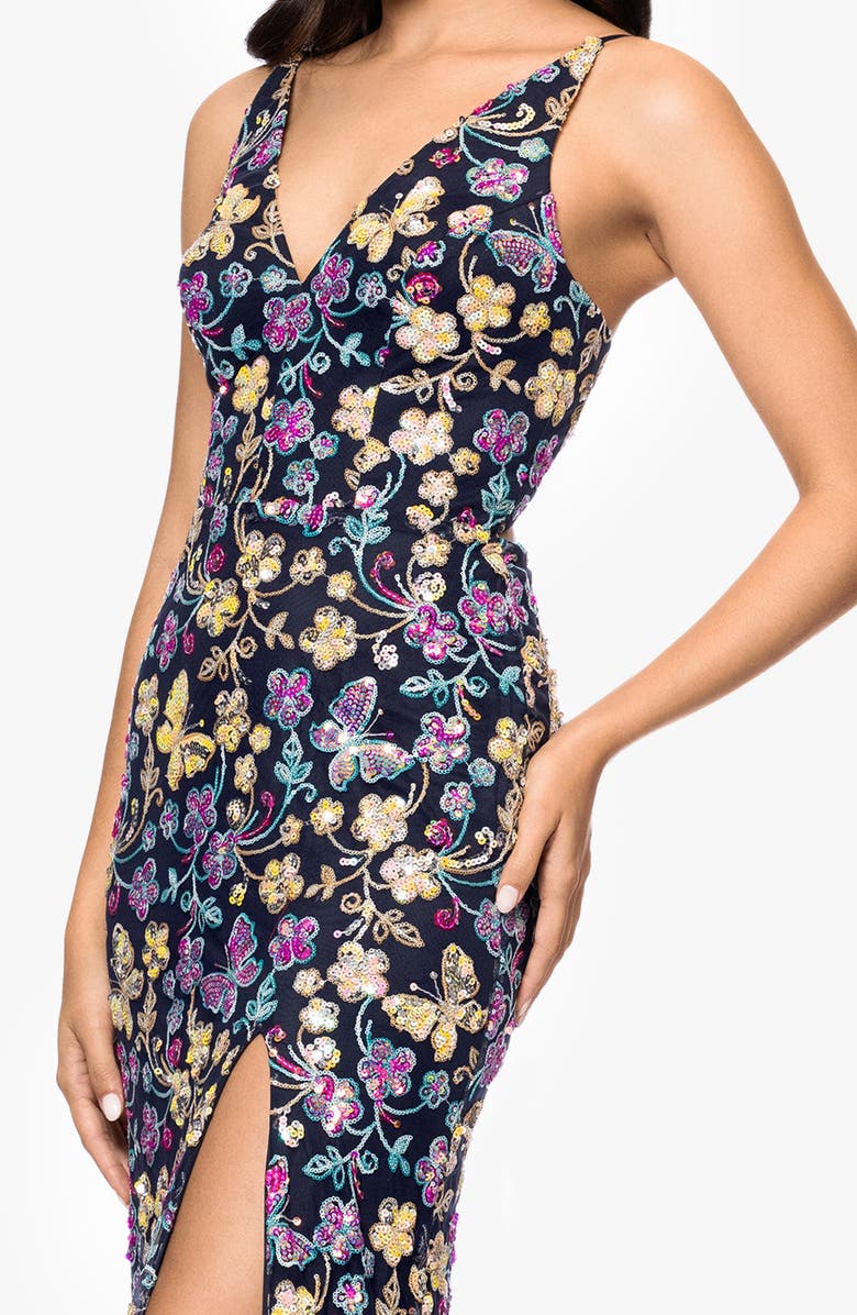 Blondie Nites Butterfly Sequin Sleeveless Gown, Alternate, color, Navy/ Multi