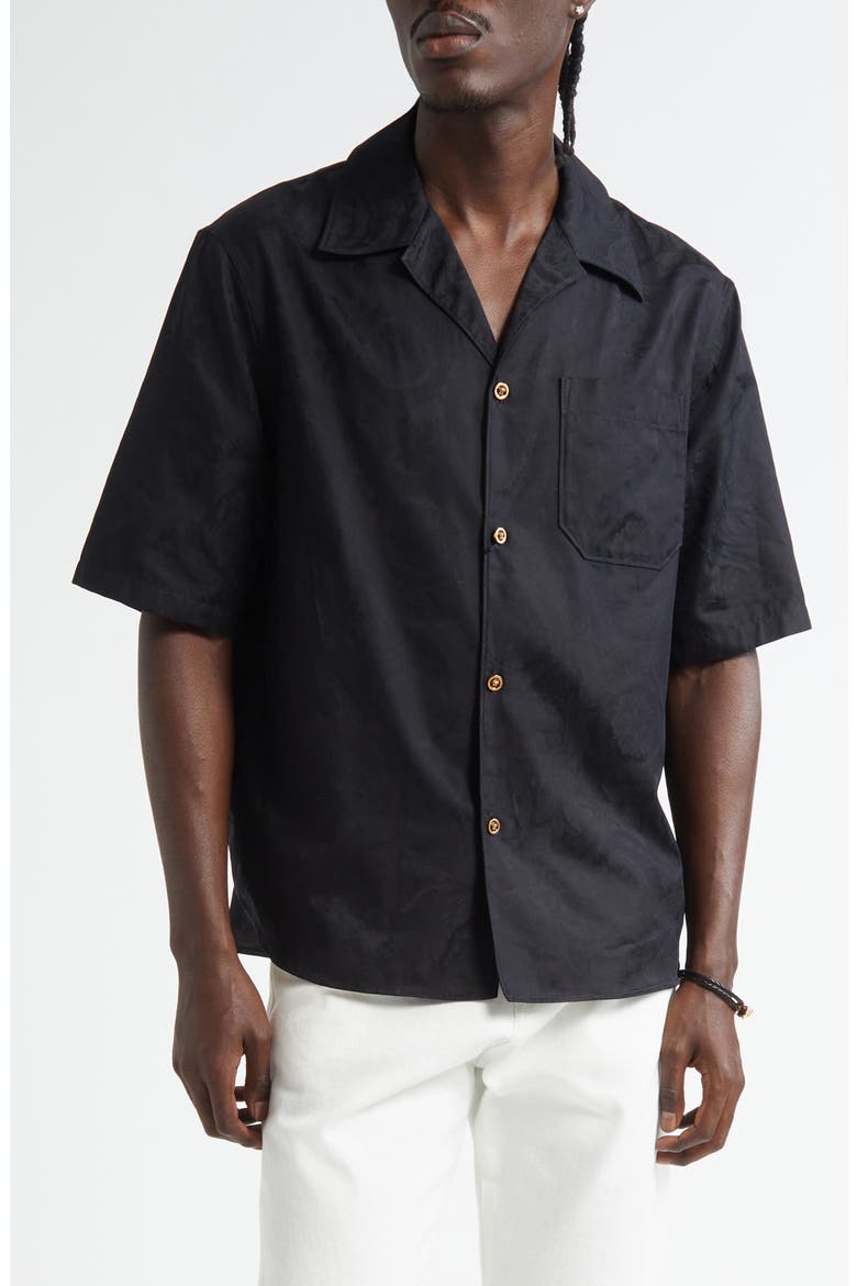 Barocco Jacquard Cotton Poplin Camp Shirt, Main, color, BLACK