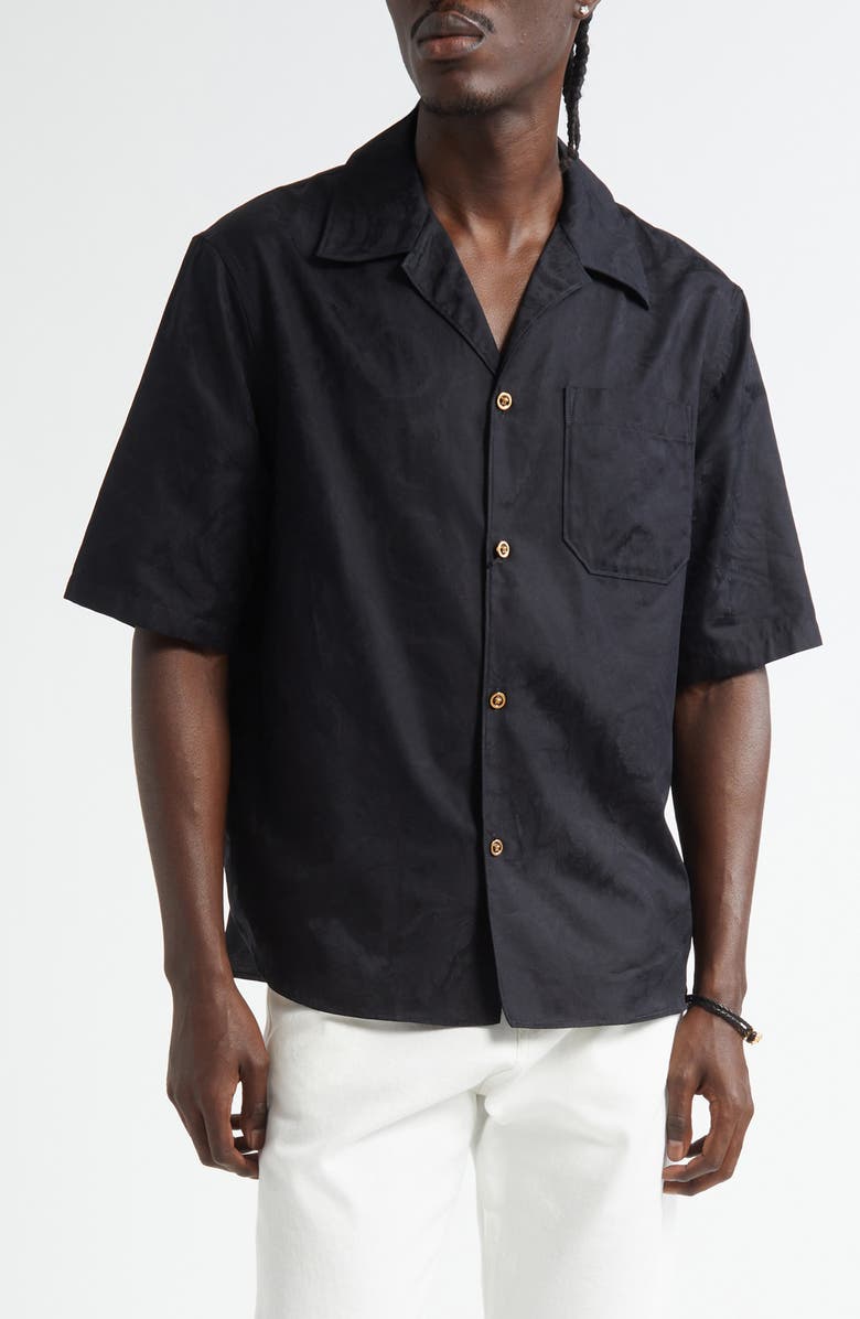 Versace Barocco Jacquard Cotton Poplin Camp Shirt, Main, color, Black
