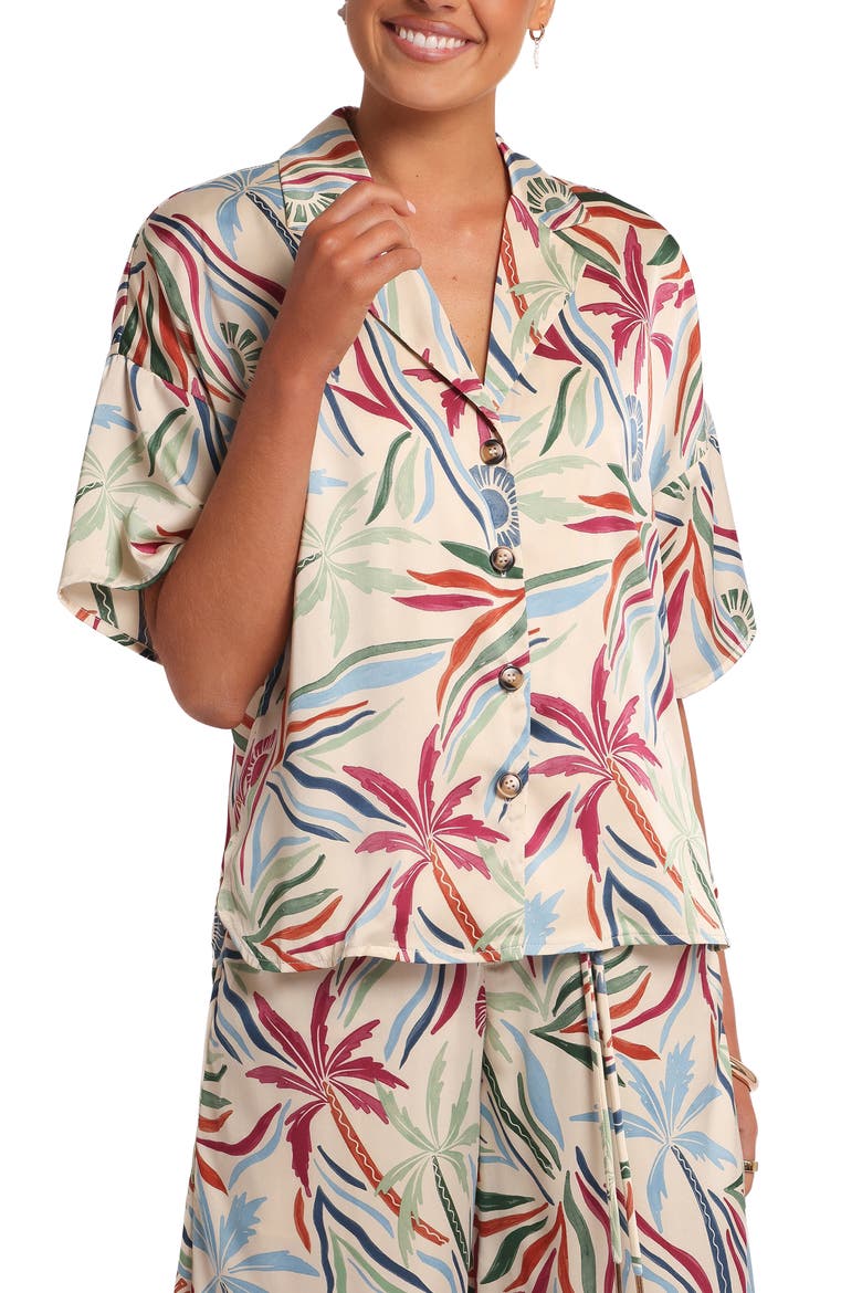Illoura Palm Tree Print Camp Shirt, Main, color, TAHITIAN TIDE