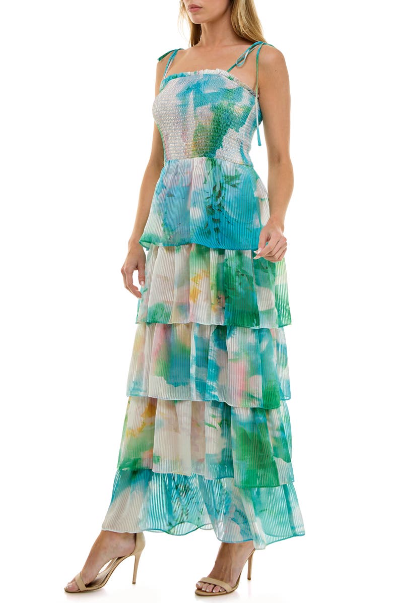 Socialite Floral Smocked Tie Strap Maxi Cocktail Dress, Alternate, color, Ivory/ Aqua