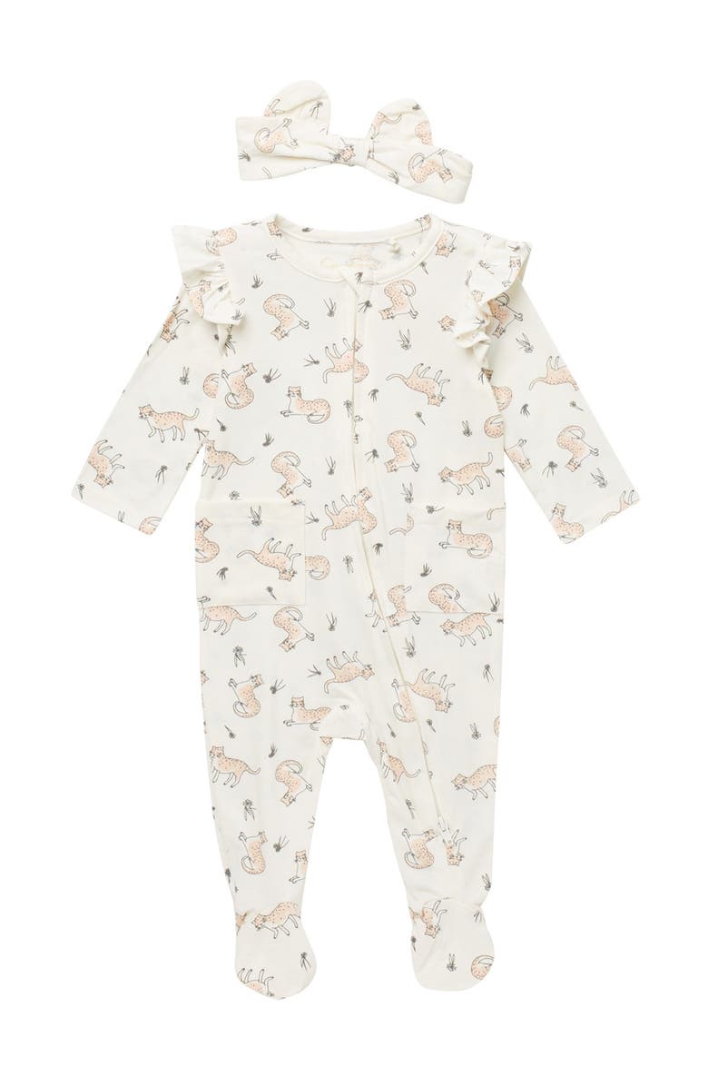 Jessica Simpson Animal Printed Footie & Headband Set, Main, color, 