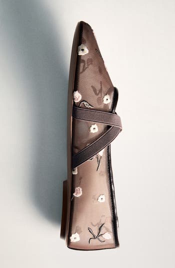 Floral Embroidered Cross Strap Ballerina Flat