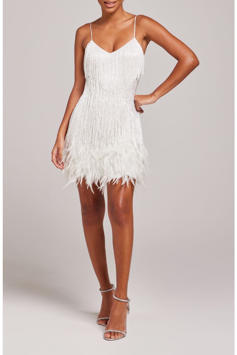 Lottie Fringe Feather Minidress, Main, color, WHITE