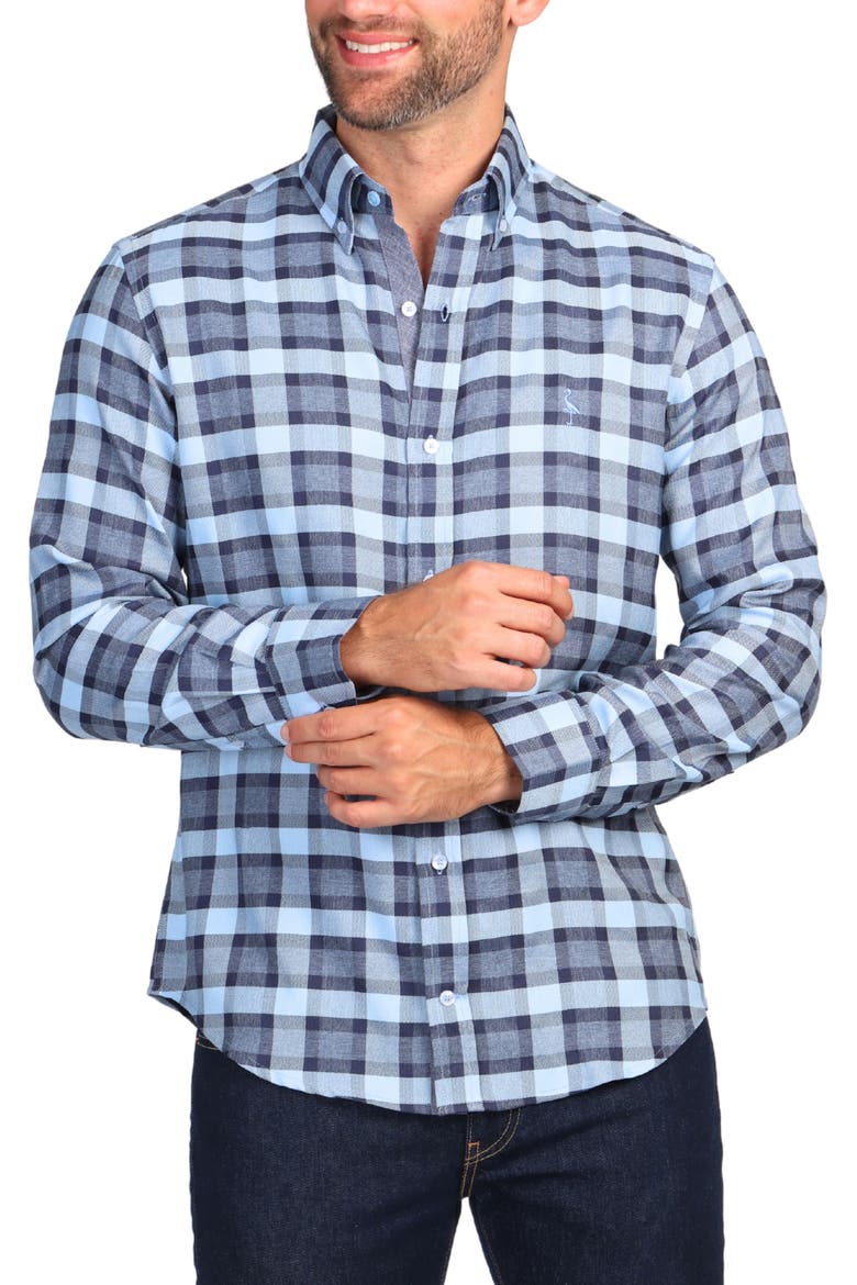 Modern Fit Melange Plaid Performance Button-Down Shirt, Alternate, color, BLUE