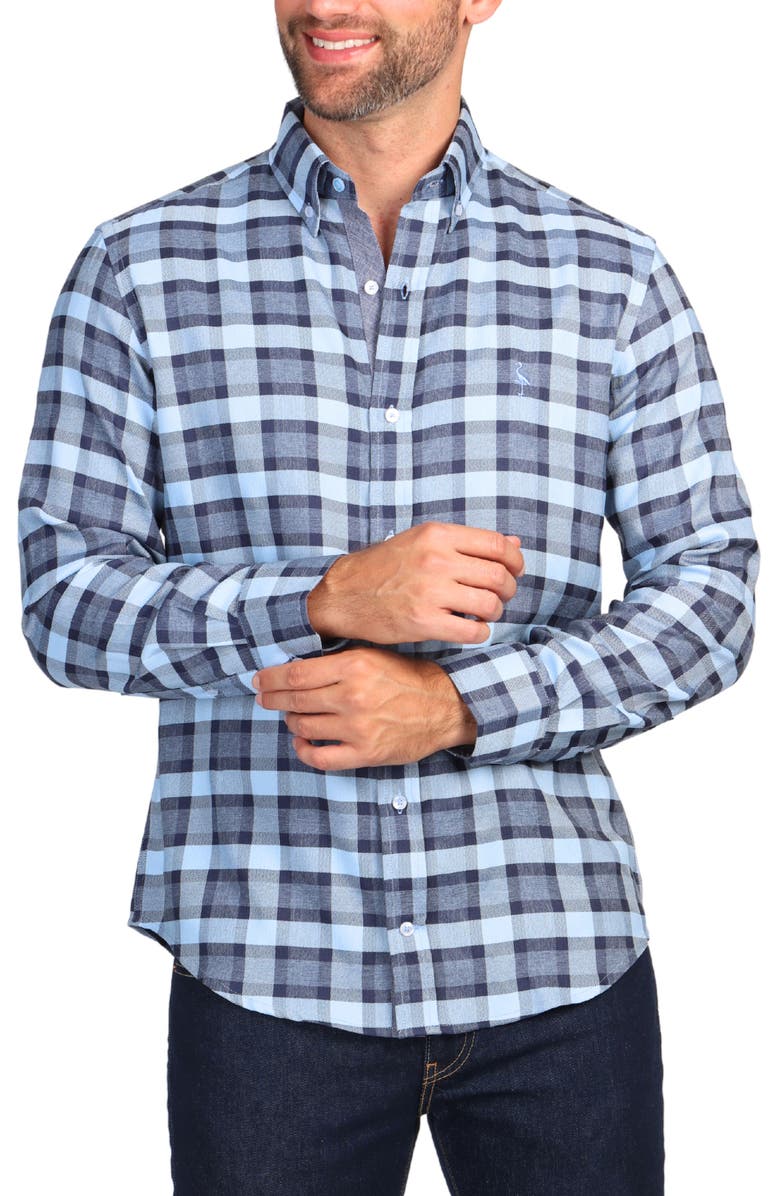 TailorByrd Modern Fit Melange Plaid Performance Button-Down Shirt, Alternate, color, Blue
