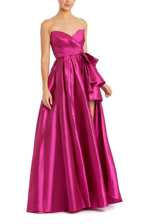 Mac Duggal Strapless Taffeta Gown With Ruffle Detail In Hot Pink