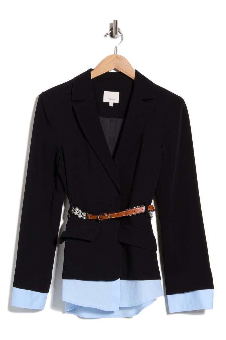 Vittoria Layered Belted Jacket, Alternate, color, BLACK/ CORNFLOWER