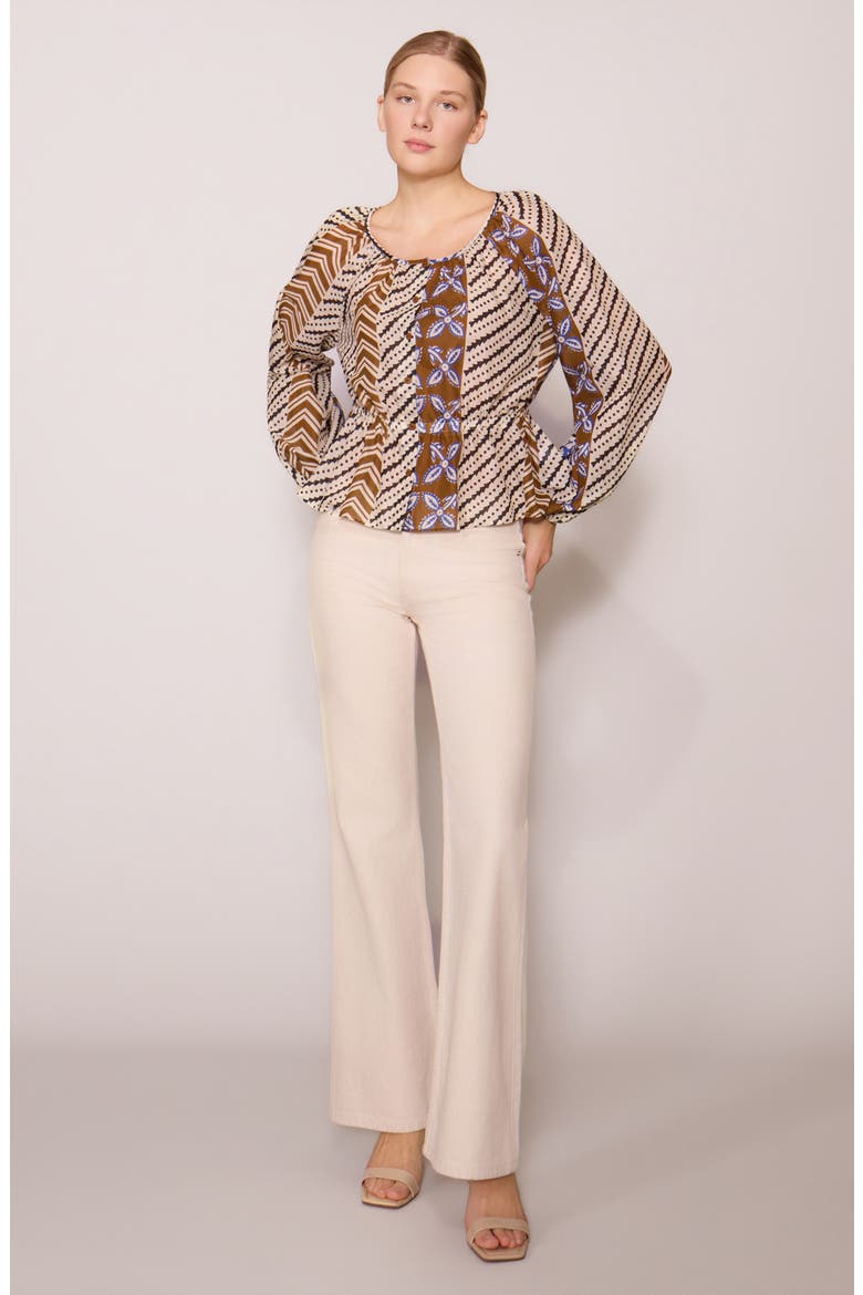 Long Sleeve Button Front Peplum Top, Alternate, color, BROWN BLUE PRINT
