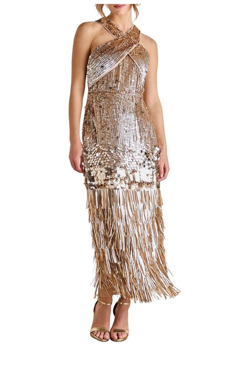 Coast Gold Sequin Tassel Halter Neck Dress, Alternate, color, Gold