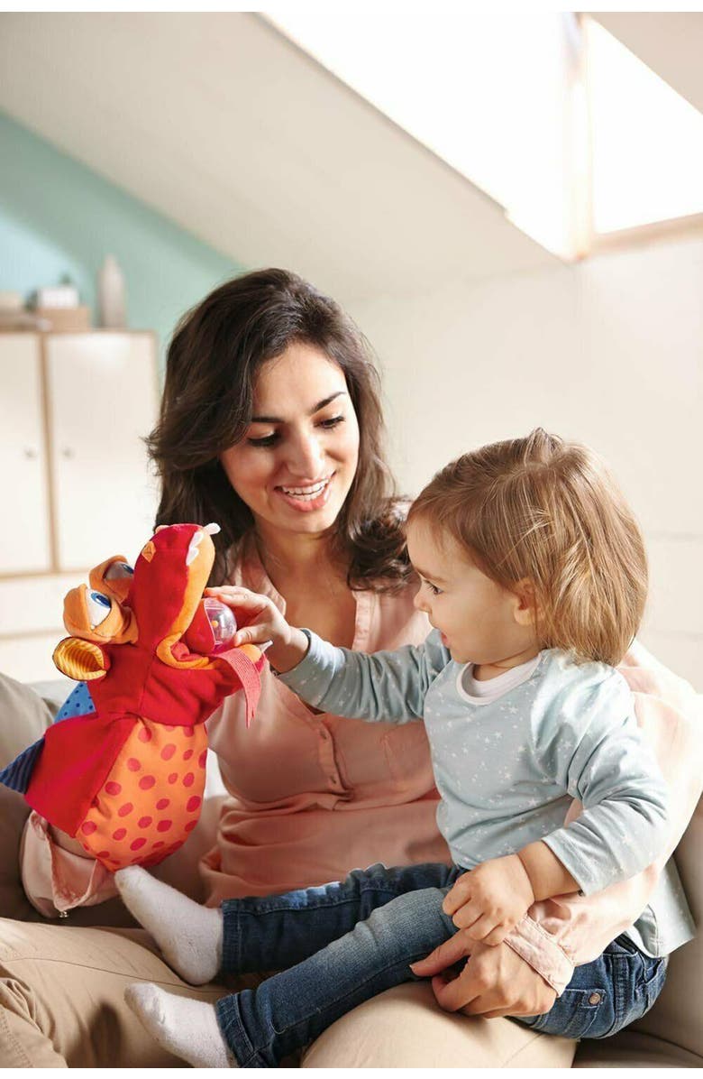 HABA Glove Puppet Eat it Up Dragon - Hand Puppet That Eats Small Objects, Perfect Toddler Toys for Ages 2-4, Sensory Hand Puppets, Preschool Toys, Alternate, color, Red Multi