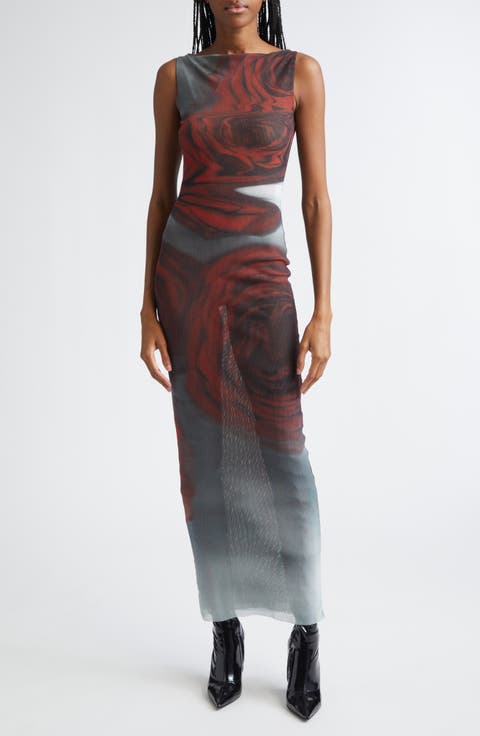 Blurry Roses Print Mesh Dress