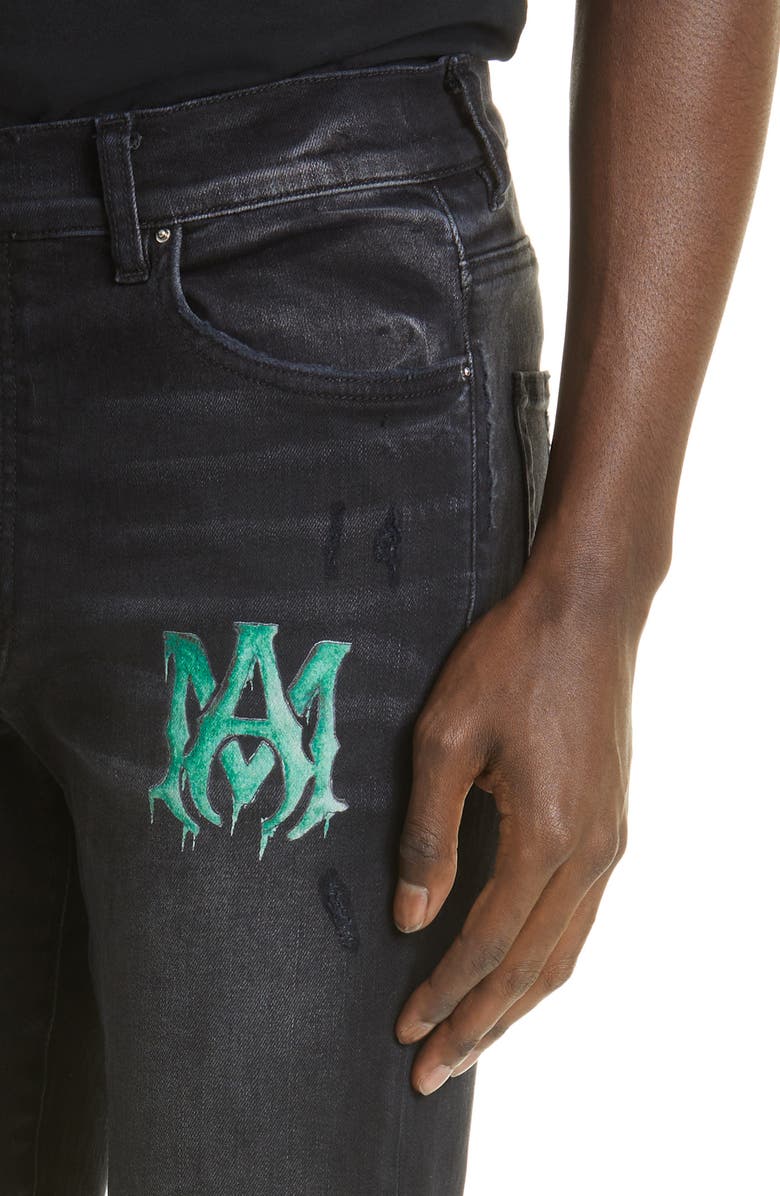 AMIRI Men's Watercolor Logo Ripped Skinny Jeans, Alternate, color,