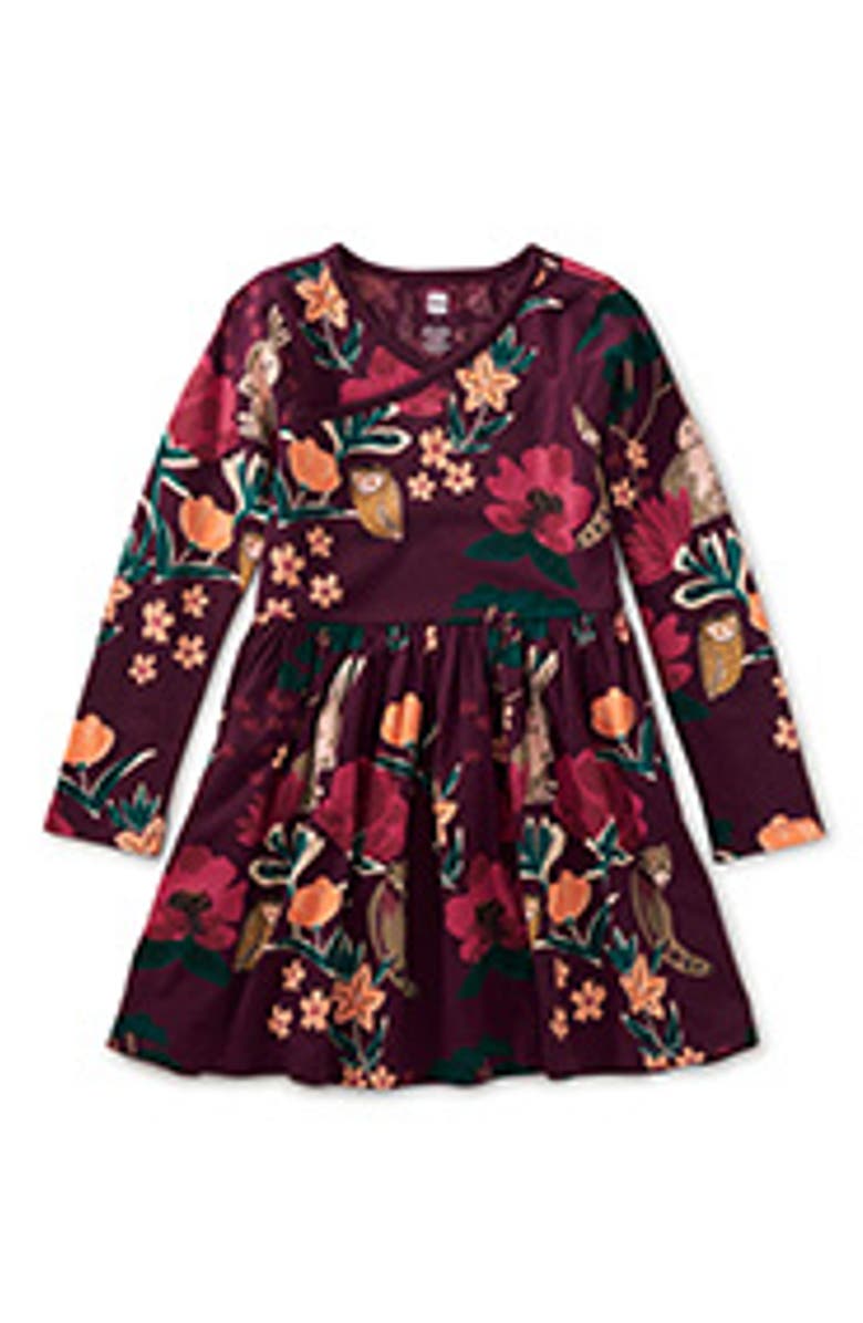 Tea Collection Long Sleeve Wrap Neck Dress, Main, color, Forest Floral In Red