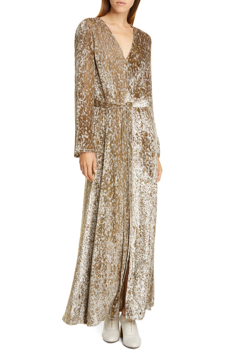 Belted Long Sleeve Metallic Velvet Gown, Main, color, GOLD