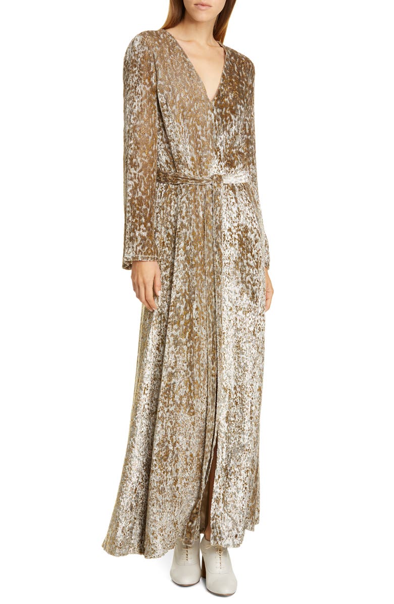 CO Belted Long Sleeve Metallic Velvet Gown, Main, color, 