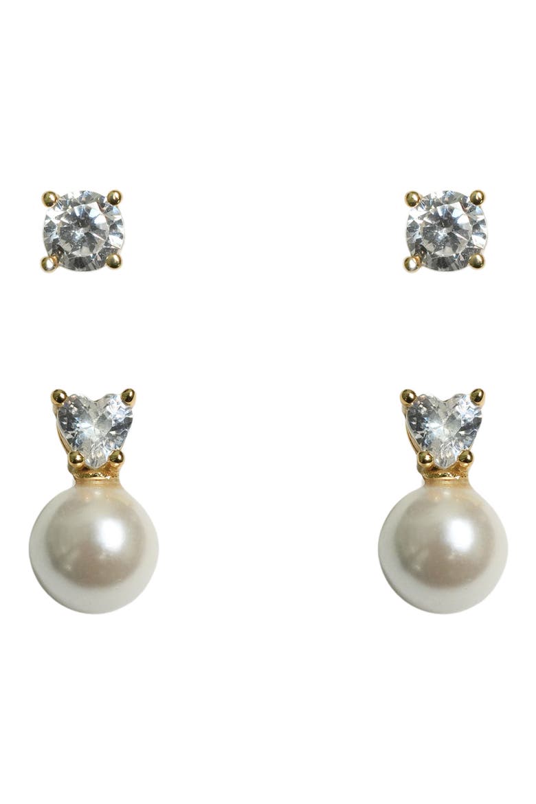 Set of Two Cubic Zirconia & Faux Pearl Earrings, Main, color, GOLD