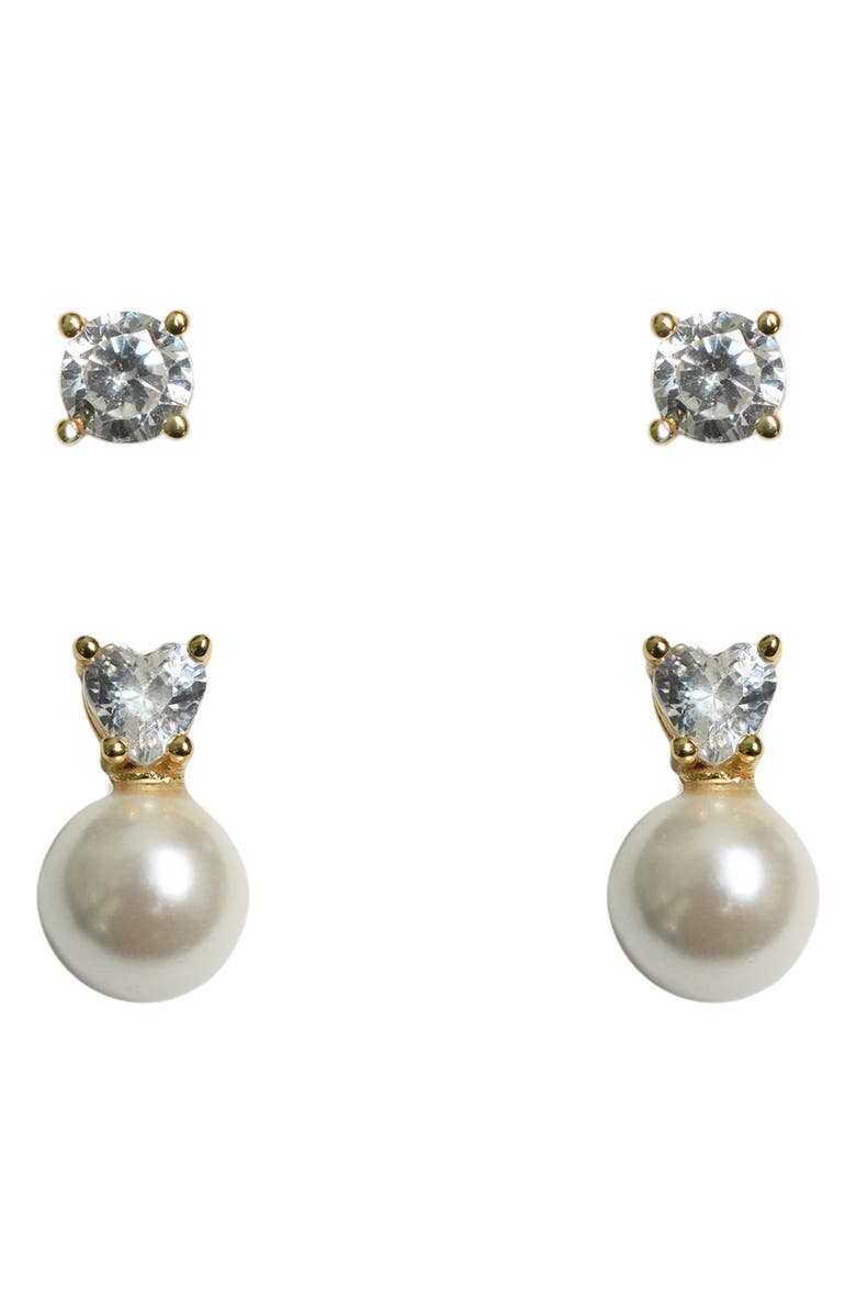 ARGENTO VIVO Set of Two Cubic Zirconia & Faux Pearl Earrings, Main, color, Gold