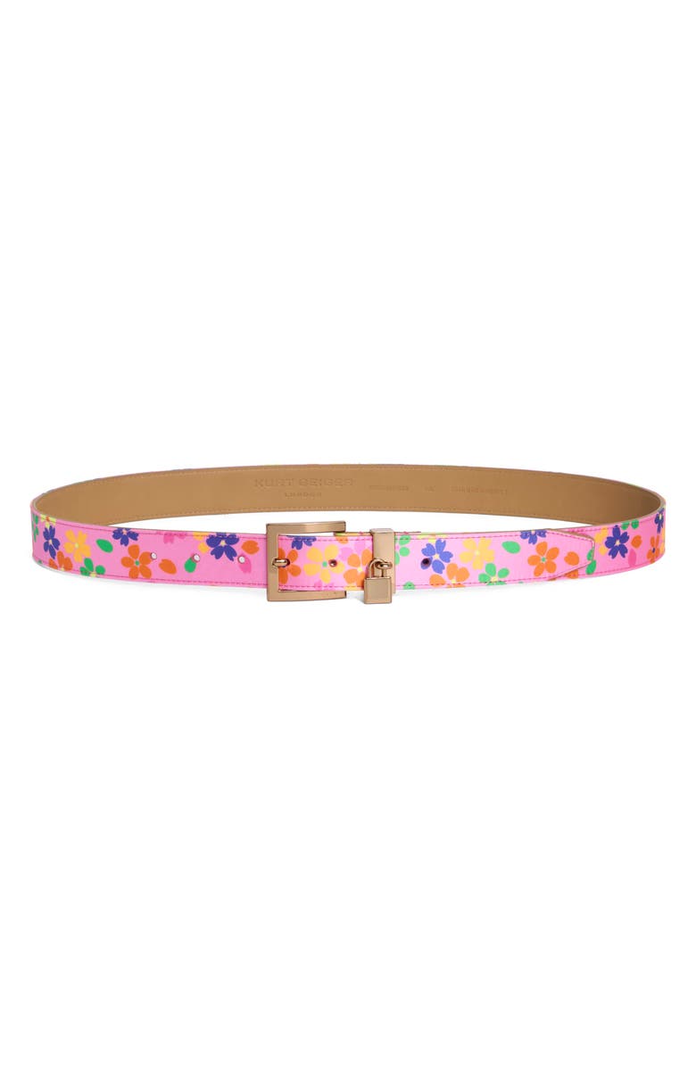 Kurt Geiger London Floral Print Faux Leather Belt, Main, color, Pink Multi / Antique Brass