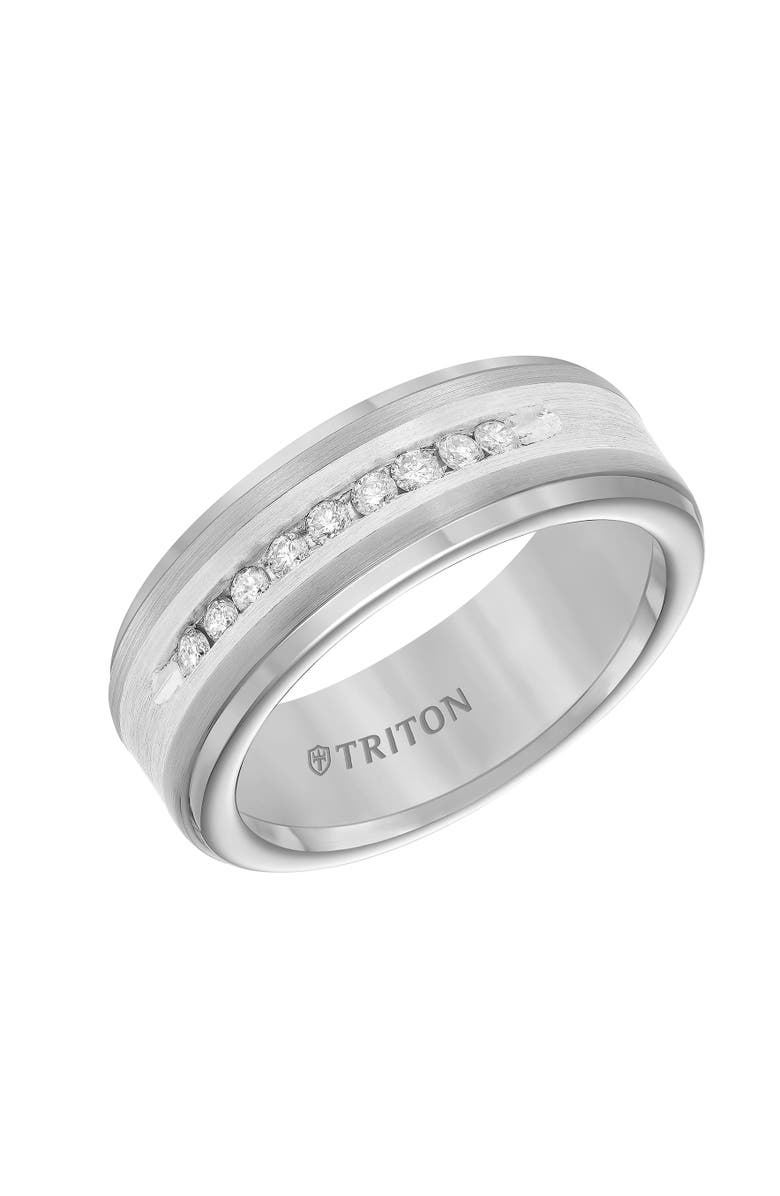 Triton 8MM Tungsten Diamond Ring with Channel Set Silver Satin Finish and Step Edge, Main, color, 