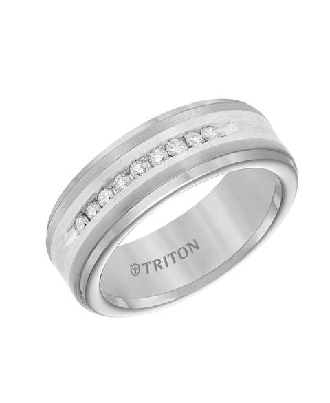 8MM Tungsten Diamond Ring with Channel Set Silver Satin Finish and Step Edge
