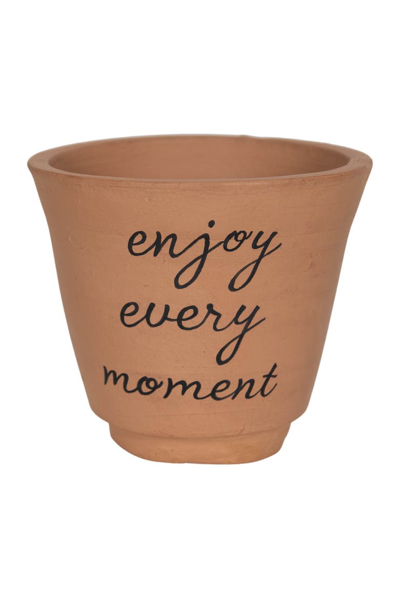 "Enjoy Every Moment" Cursive Terracotta Planter Pot 5.25", Main, color, Brown