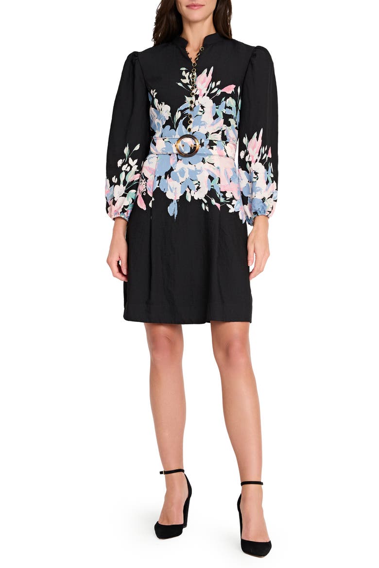 Print Belted Long Sleeve Dress, Main, color, BLACK BLUE PINK