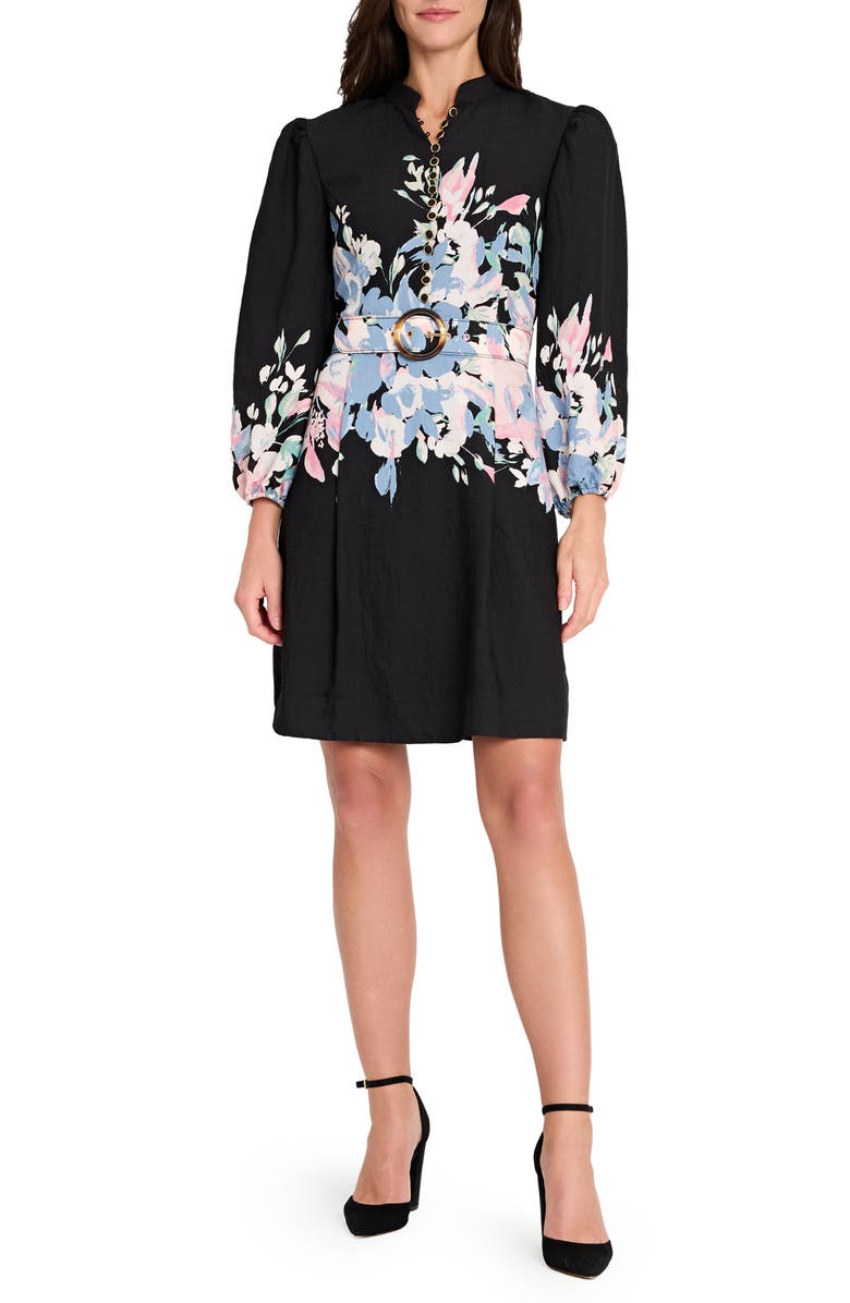 Tahari ASL Print Belted Long Sleeve Dress, Main, color, Black Blue Pink