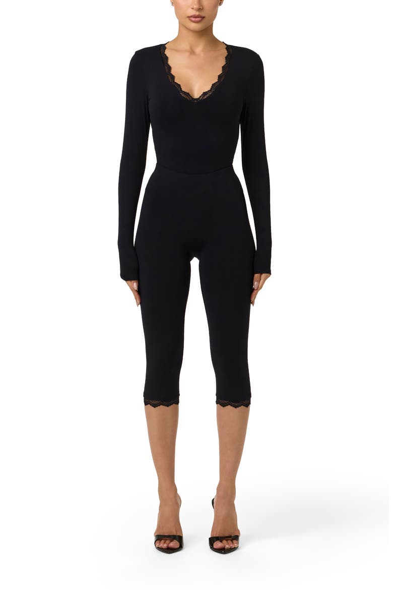 Body Flex Scalloped Long Sleeve Bodysuit, Alternate, color, BLACK