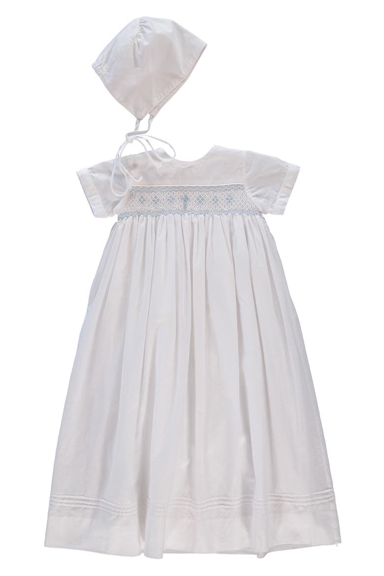 Smocked Christening Gown & Bonnet Set, Alternate, color, WHITE