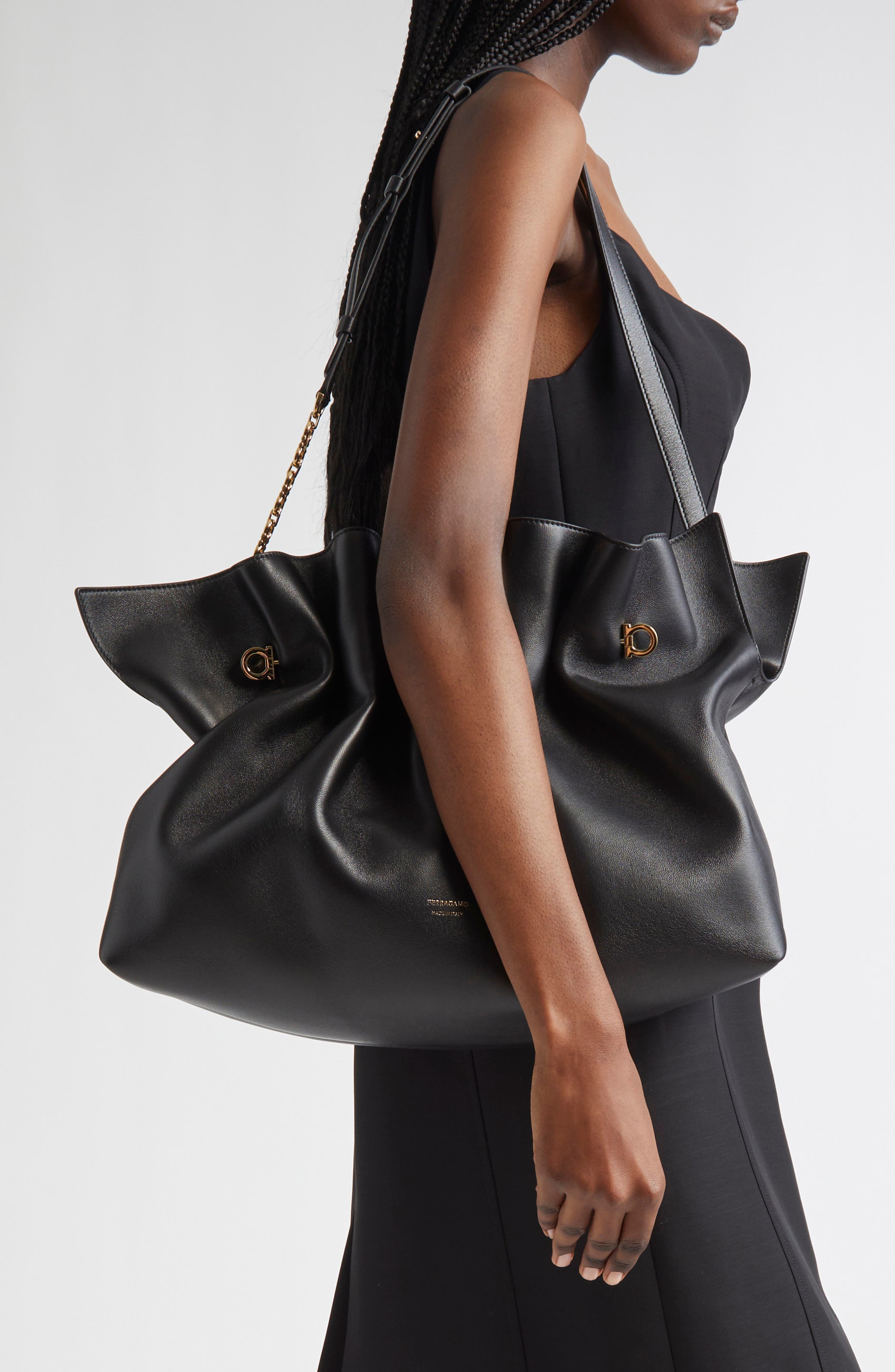 FERRAGAMO Gancio Piercing Soft Leather Shoulder Bag, Alternate, color, Nero