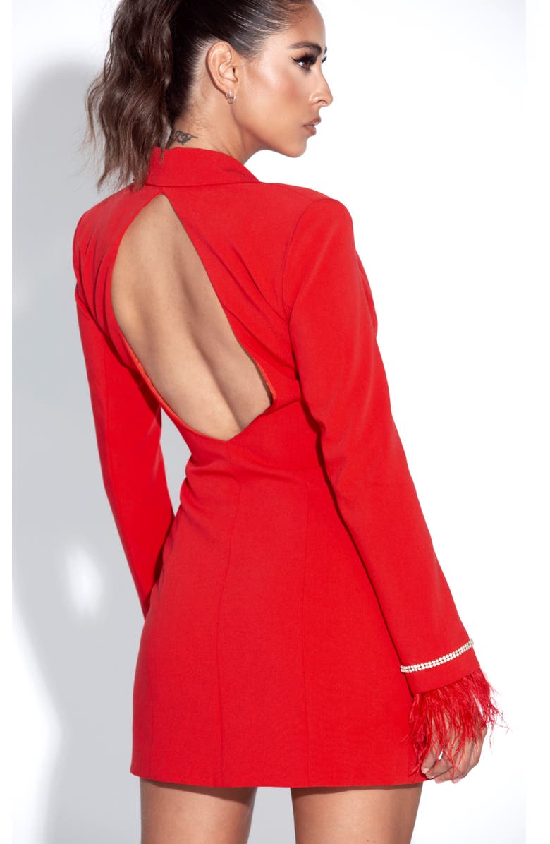 Miss Circle Quilla Backless Feather Crystal Sleeve Blazer Dress, Alternate, color, Red