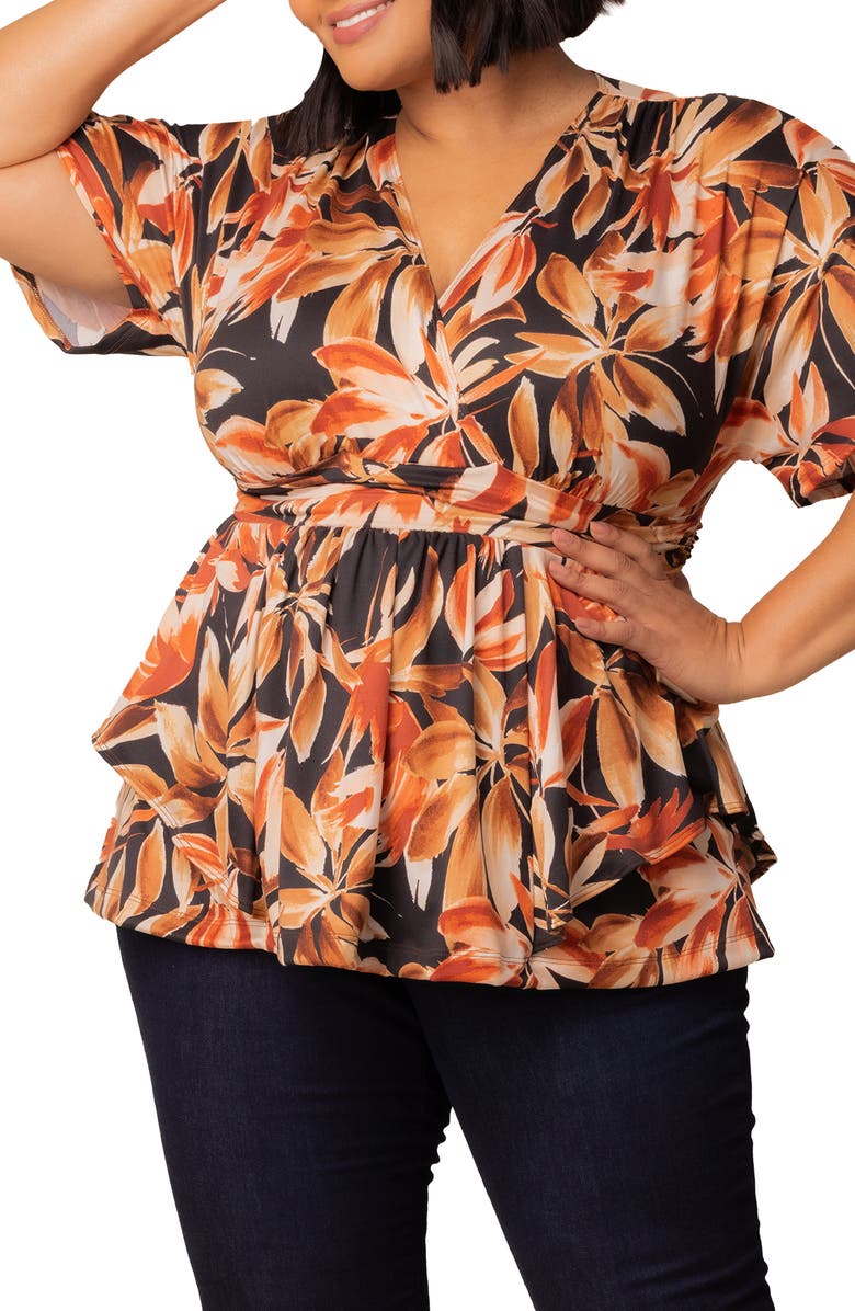 Kiyonna Encore Print Faux Wrap Top, Alternate, color, Black/ Orange Multi