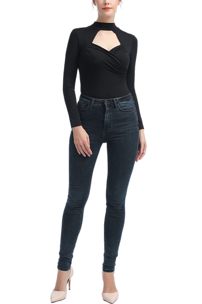 Min Faux Wrap Turtle Neck Bodysuit, Alternate, color, Black