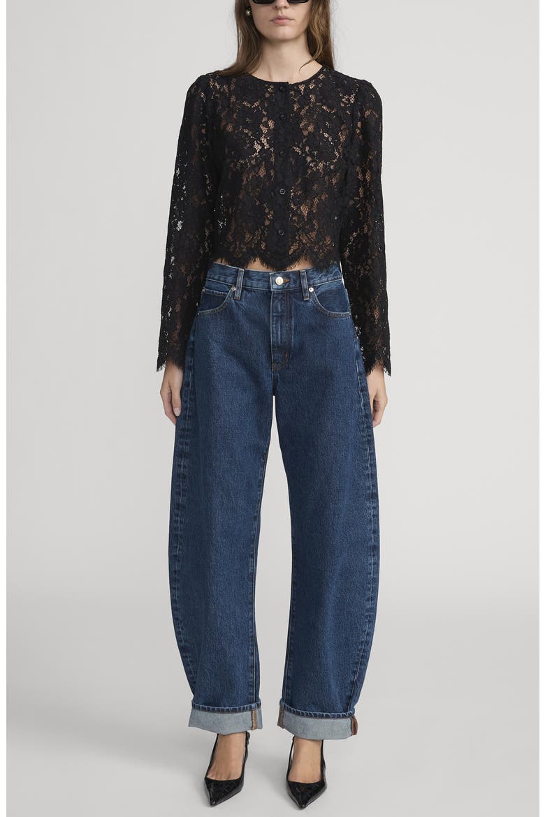 Sheer Crop Organic Cotton Blend Eyelash Lace Button-Up Shirt, Alternate, color, BLACK
