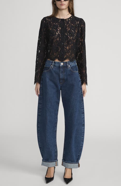 Frame Sheer Crop Organic Cotton Blend Eyelash Lace Button-up Shirt In Black