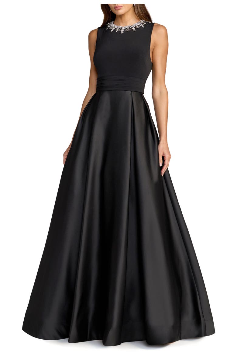 Mac Duggal Embellished High Neck Sleeveless A Line Gown, Main, color, Black